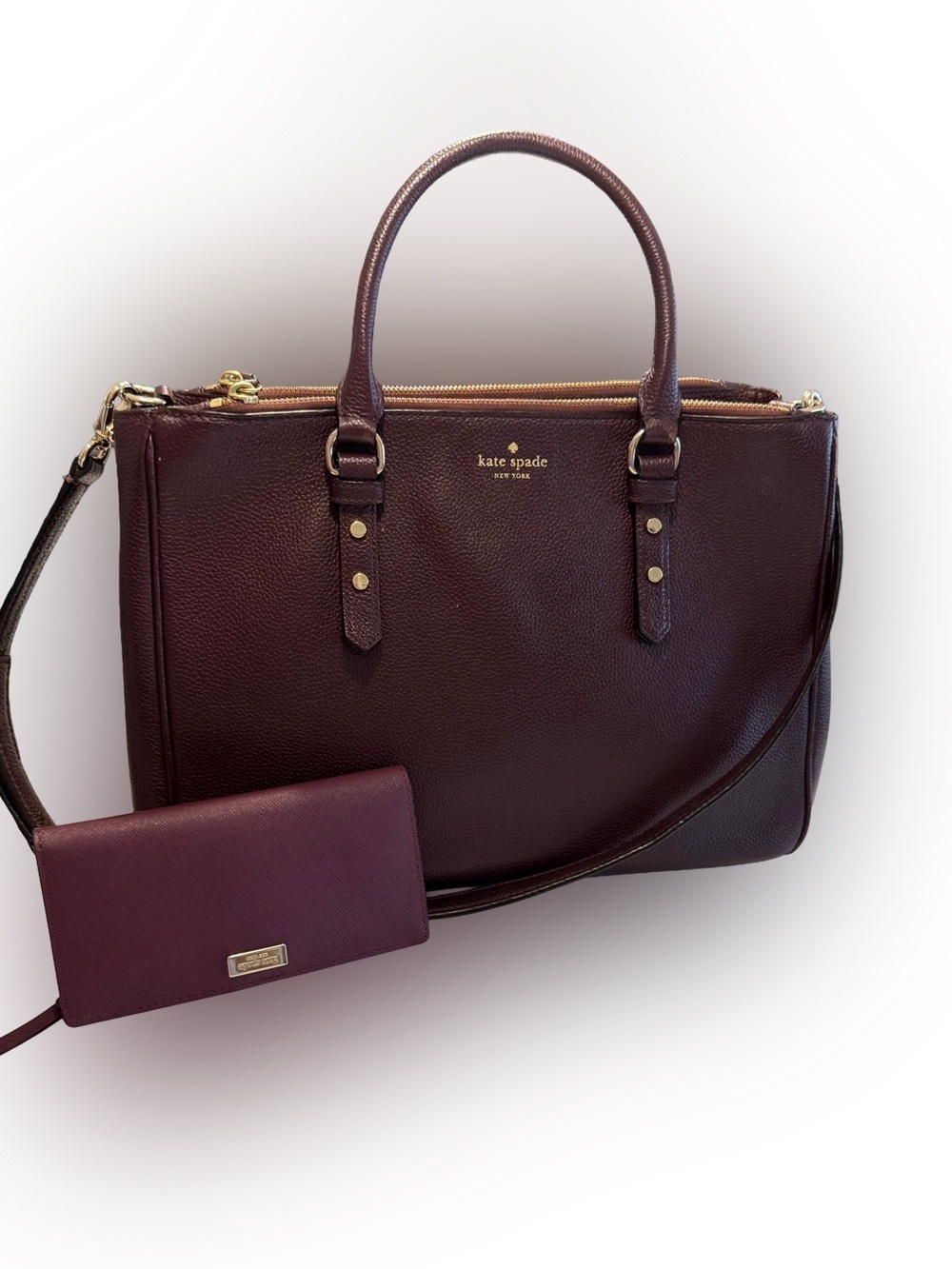 Kate Spade Tote Mulberry St Leighann Large Burgundy Pebbled Leather Bag & Wallet